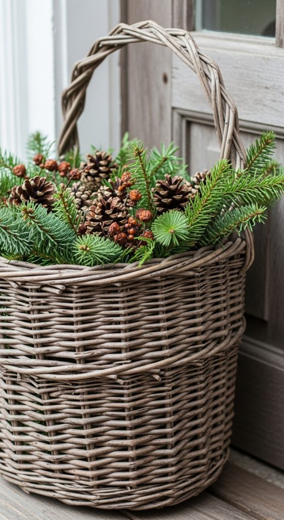 Simple Christmas Front Door Decorations wicker basket full of twigs and pinecones