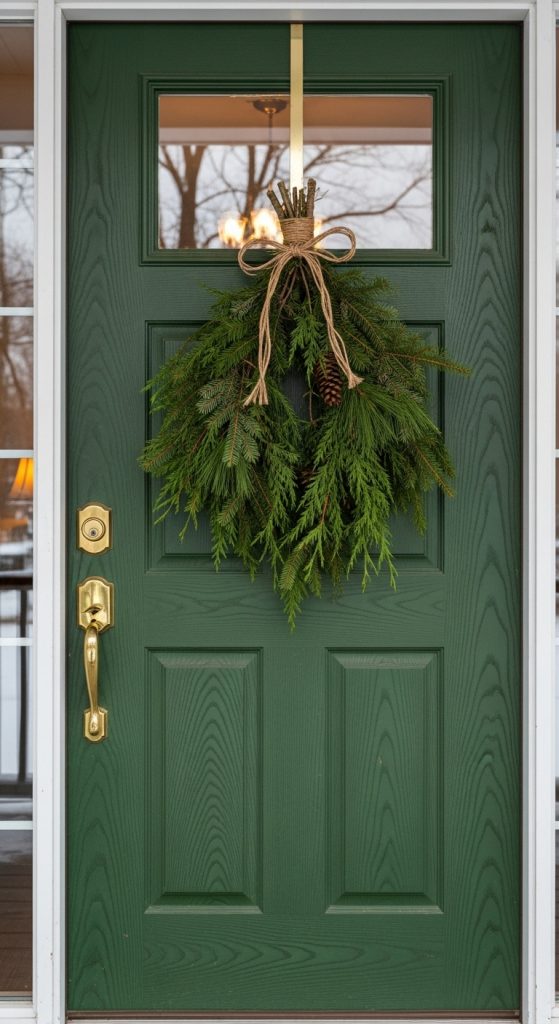 Simple Christmas Front Door Decorations swag wreath on a green door