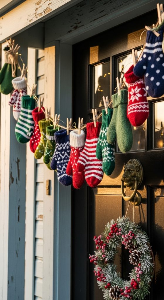 mittens hung on a wire across a front door for christmas