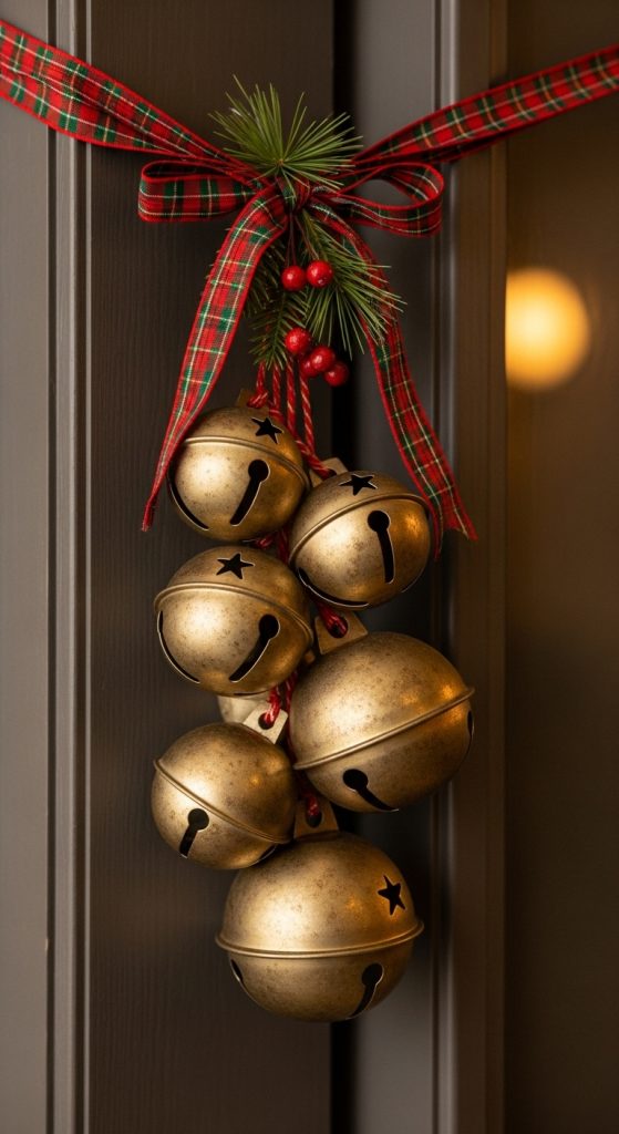 gold bells tied to ribbon for Christmas