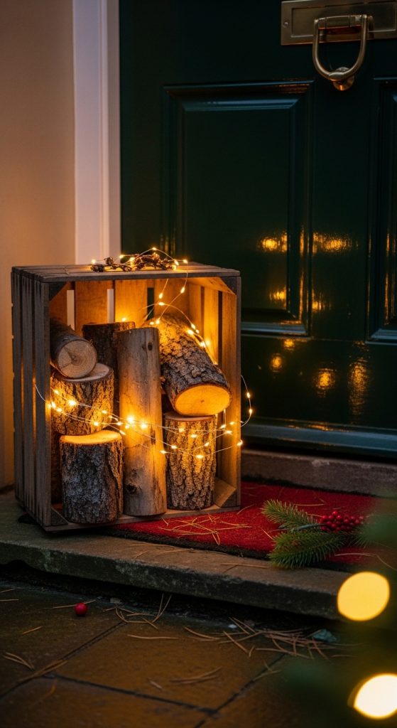 Crate with logs and fairy lights Simple Christmas Front Door Decorations