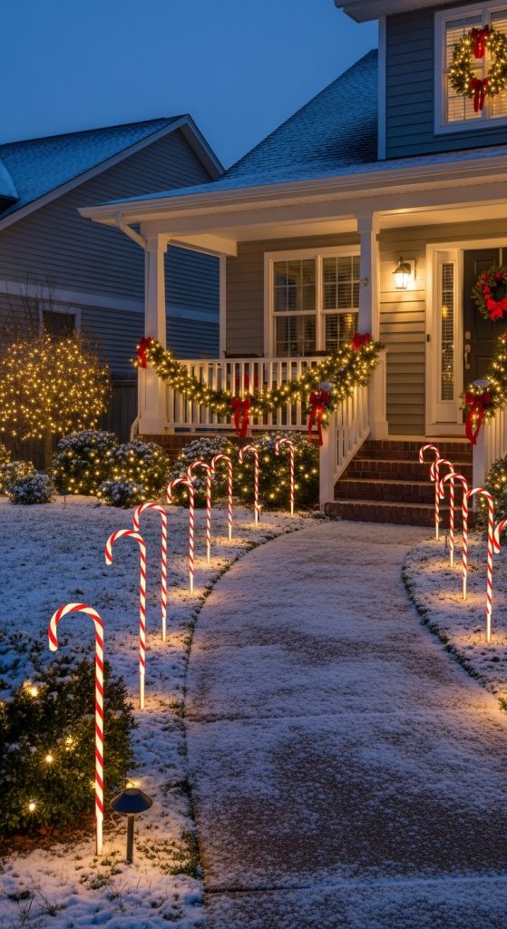 Lit up Candy canes lining the pathway leading up to the front porch