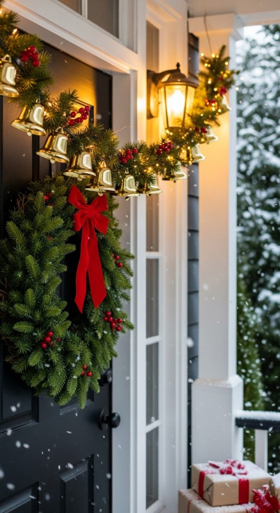 Golden bells hanging across the doorway of a front porch decorated with greenery and red berries,