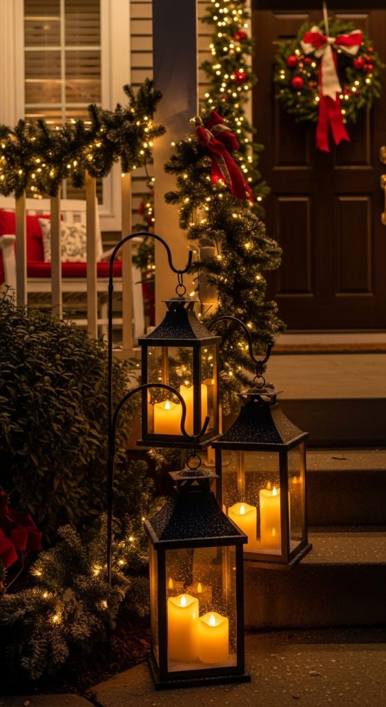 Shepards hooks holding lanterns with LED Candles leading up to front porch of a home for simple christmas decor