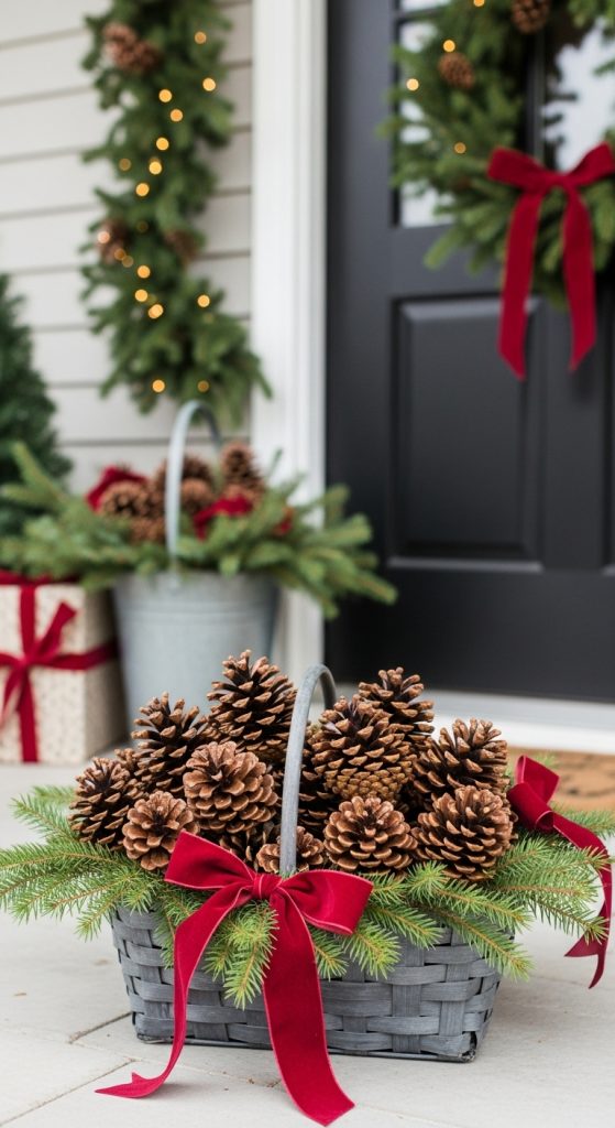 basket full of pinecones and greenery on front porch, simple christmas decor ideas