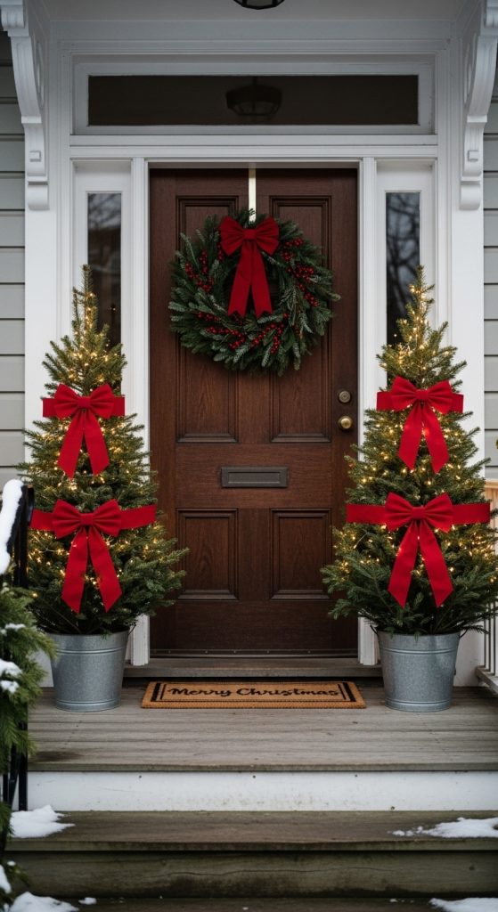 Two small evergreen plants in tin buckets wrapped in red ribbon and fairy lights framing the entrance of a house