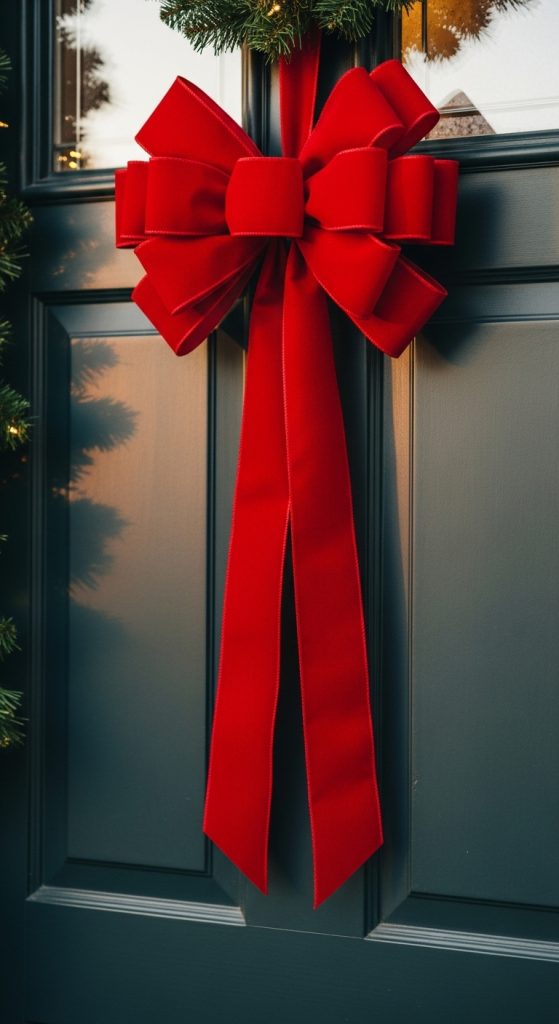 Big red bow stuck to front door for simple christmas front porch decor