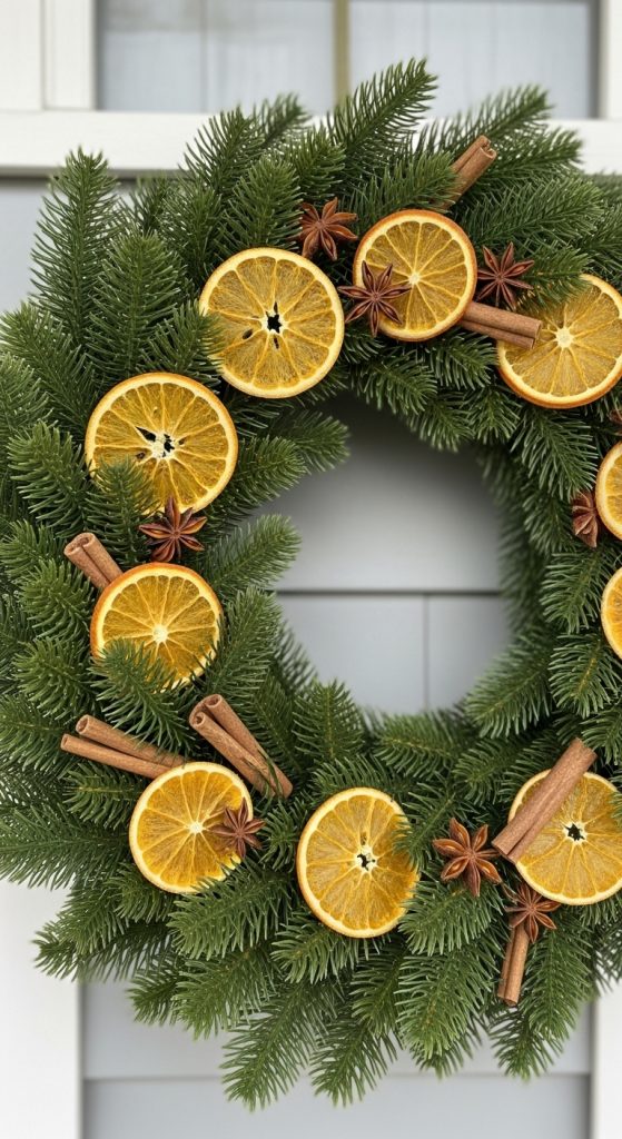 Winter wreath hganging from a modern door decorated with cinnamon and orange slices