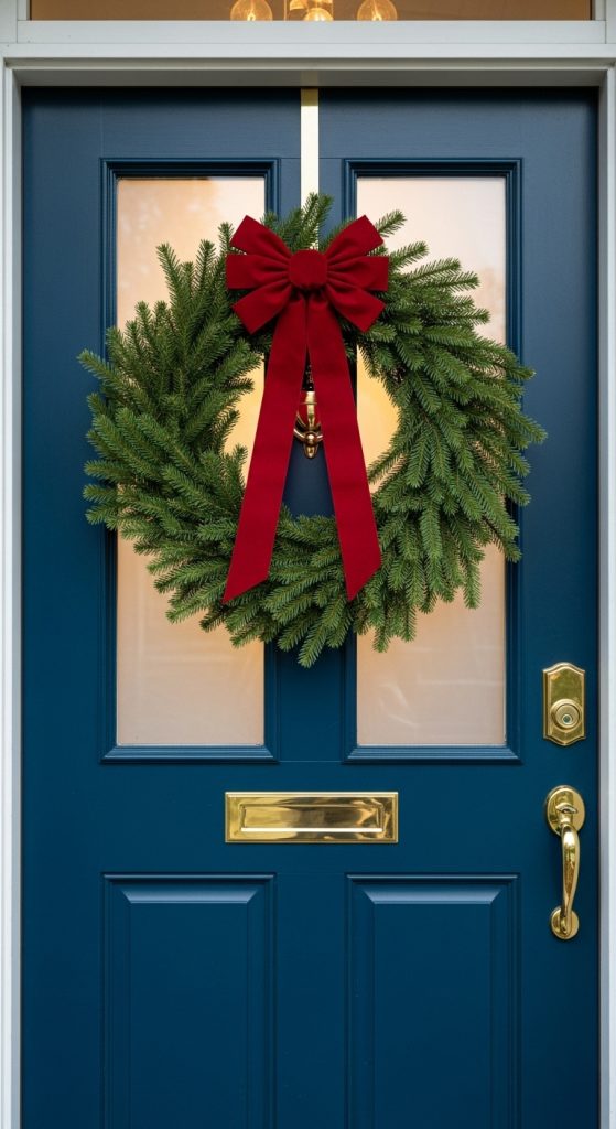 Christmas wreath with red bow on front door