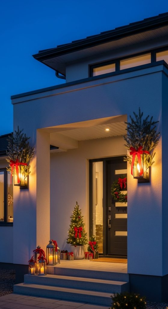 simple christmas decor on wall scones on the outside of a modern house