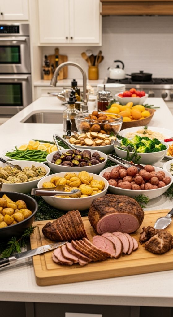 sliced meat on cutting boards on kitchen island for christmas