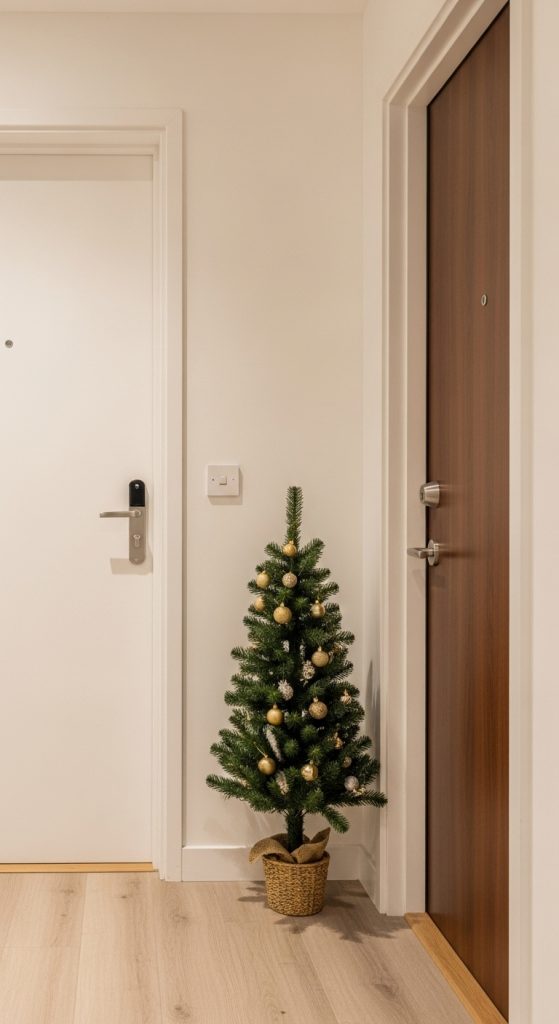 Mini Christmas tree outside an apartment door, in the hallway decorated in gold and silver