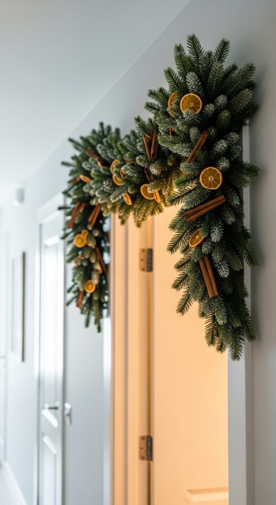 Evergreen garland with orange and cinnamon hung above the doorway