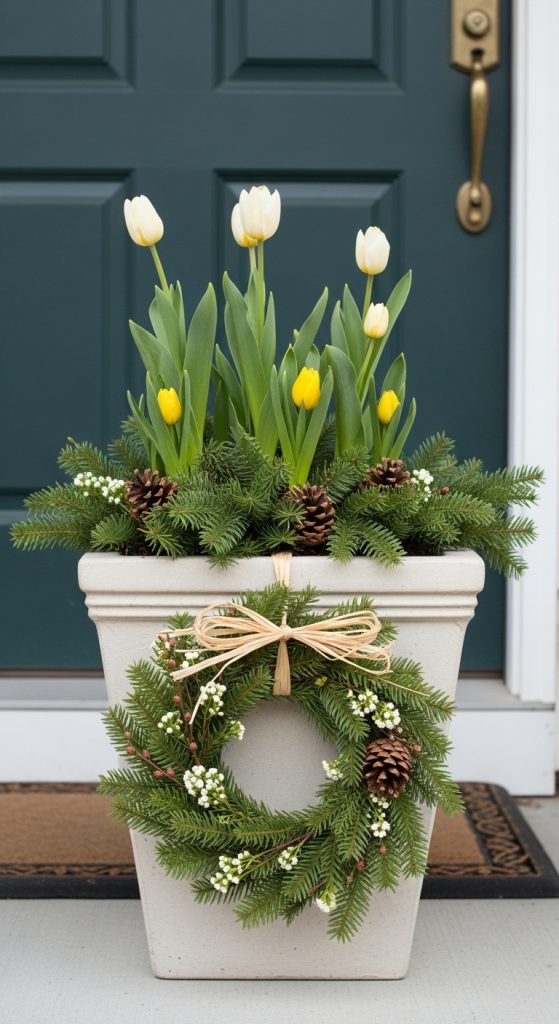 Winter to Spring Planter with daffodils and wreath on cement planter