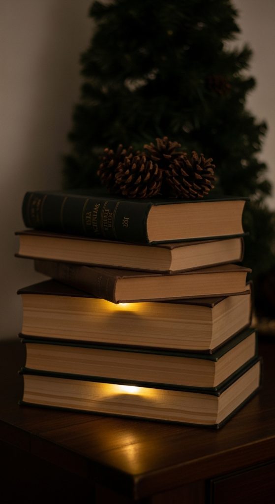 Stacked books with mini LED lights for glow with pinecones on top 