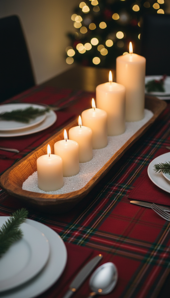 stacked candles in a row on salt in a dough bowl for christmas