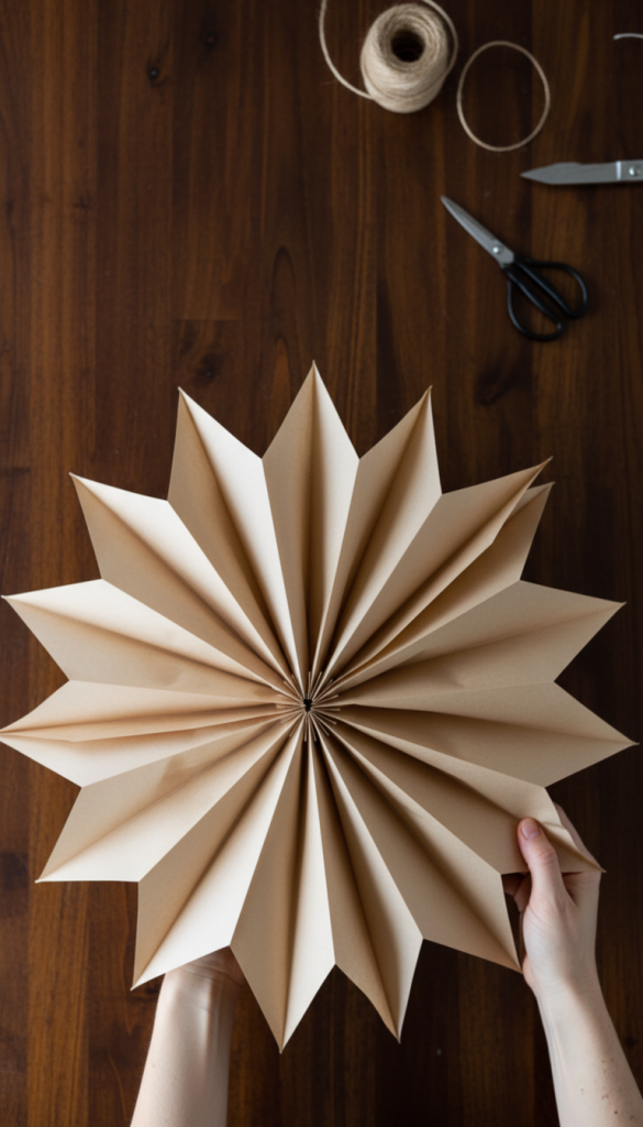 diy rustic brown paper star being folded together into its final shape on a wooden kitchen table