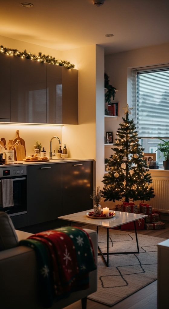 Studio Apartment Christmas Decor of fairy lights with garland on top of kitchen cabinets