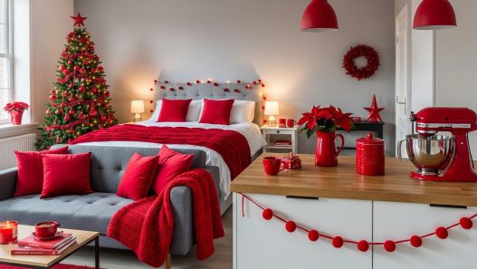 studio apartment decorated in red for christmas