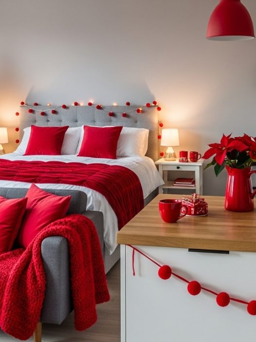 studio apartment decorated in red for christmas