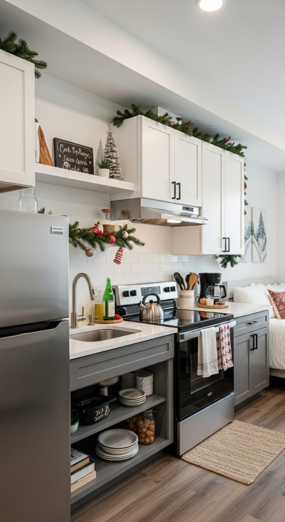 Garland hanging on kitchen units in small apartment 