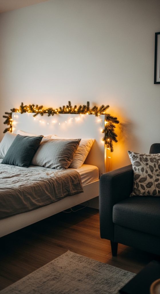 Garland with fairy lights hanging on the headboard of a bed in a studio apartment 