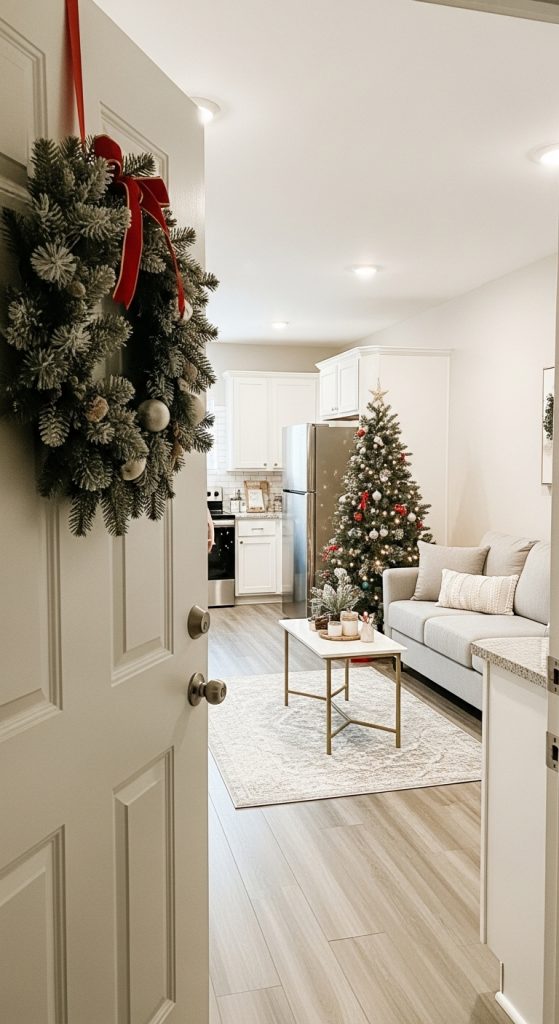 Christmas wreath hanging on a white door