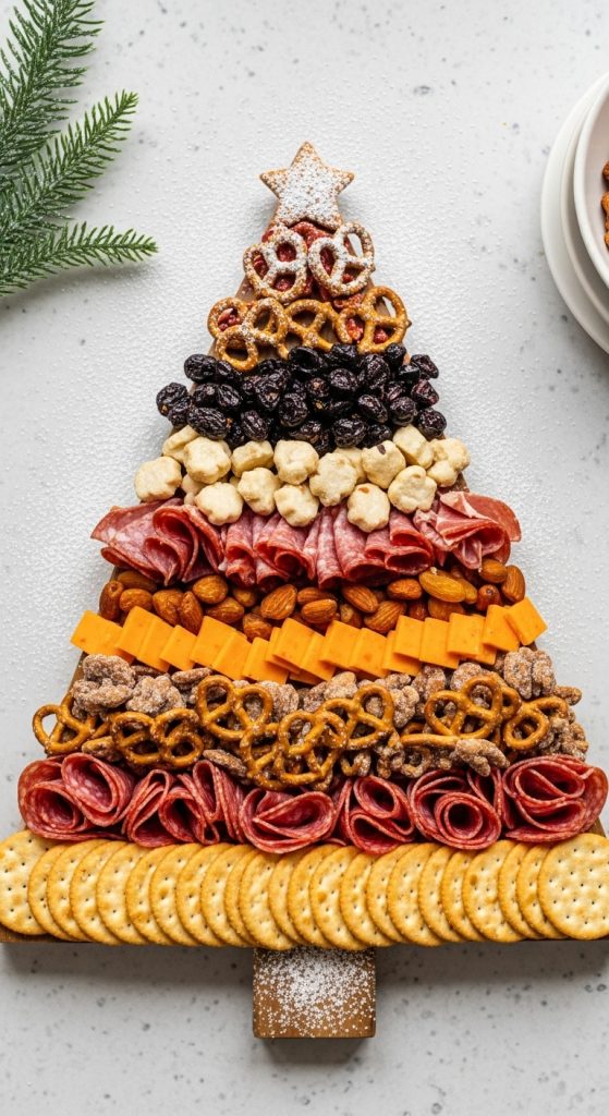 Sweet and savory style charcuterie board on a tree shaped board