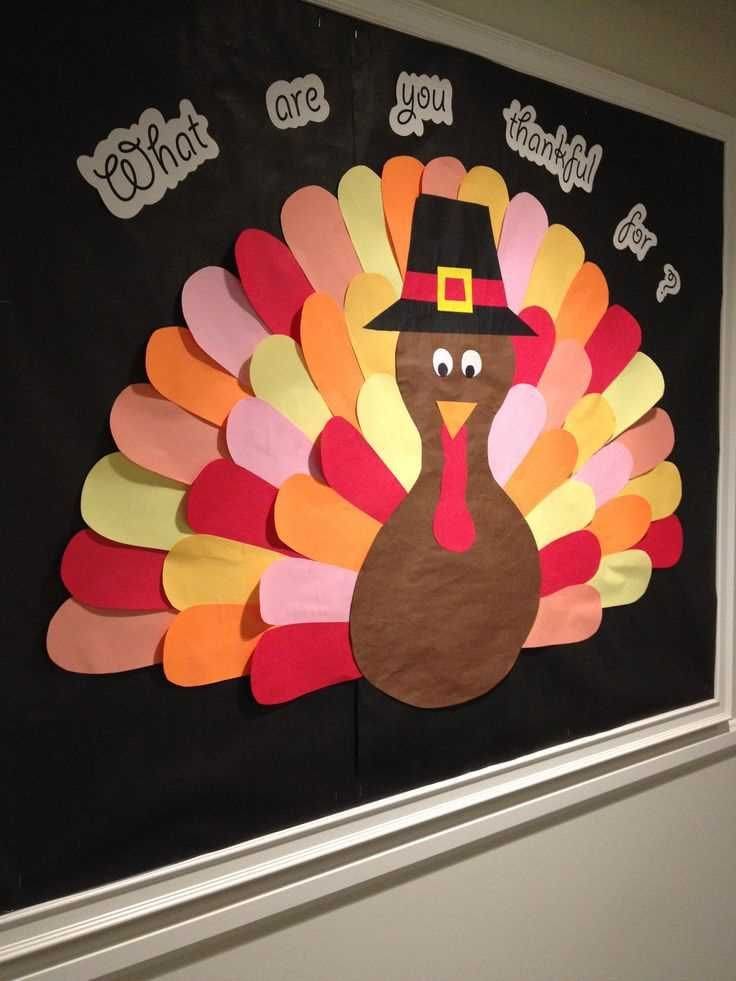 Sticky notes stuck to a board in the shape of a turkey that co-workers can fill in for Thanksgiving