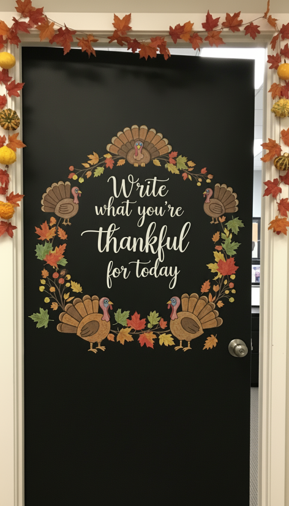 Chalkboard vinyl on a door for Thanksgiving office door decor