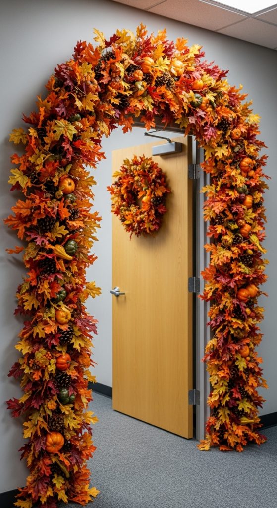 Oversized fall garland framing office door 