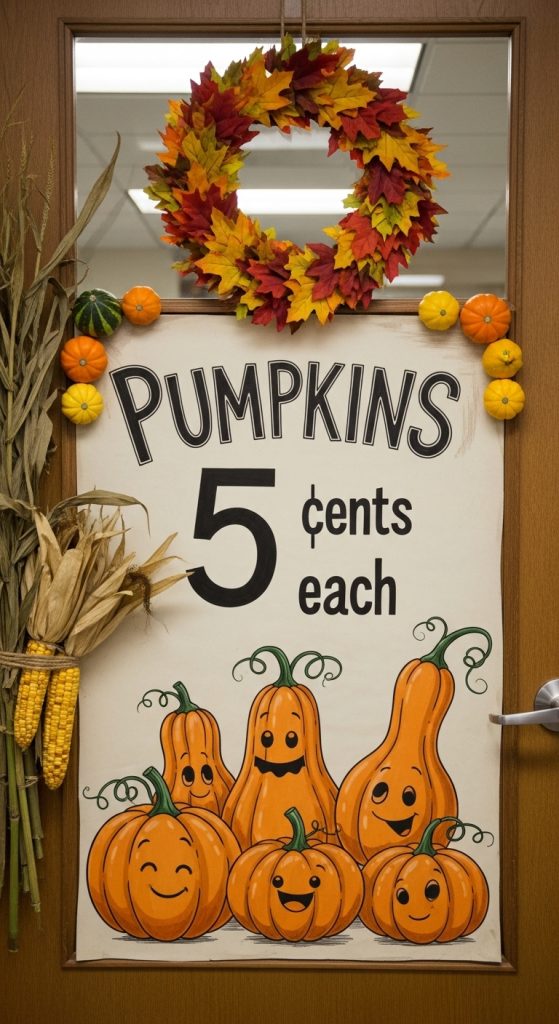Market a door decor on the office door for Thanksgiving with cute farmstand signage
