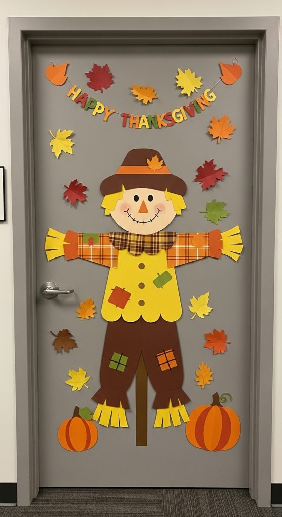 Scarecrow made from paper stuck onto office door for Thanksgiving