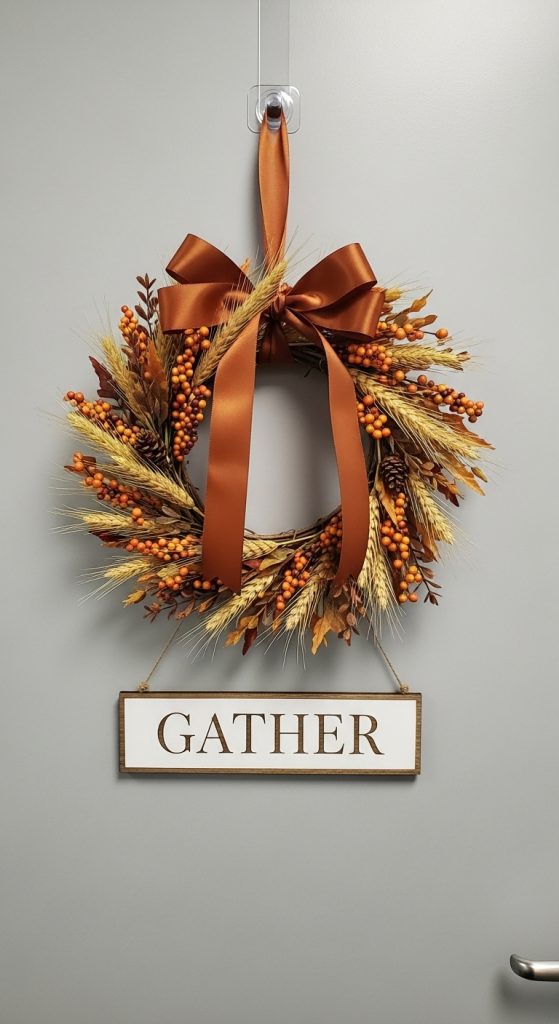 Autumnal wreath with copper ribbon on the door of an office for fall