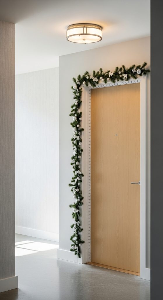 a garland that is perfectly illuminated under a bright hallway light in an apartment