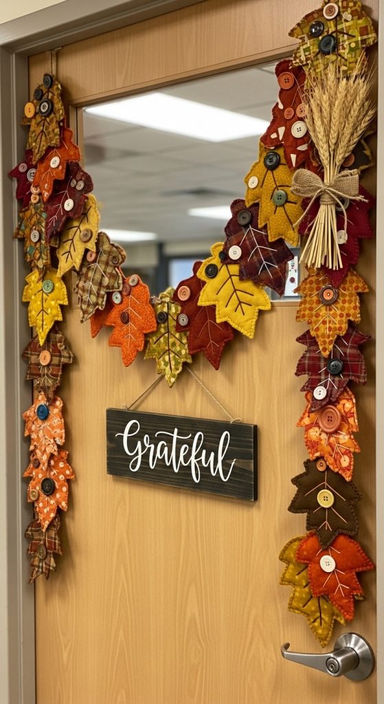 cute sewed leaves in different colors and patterns with a wooden grateful sign 