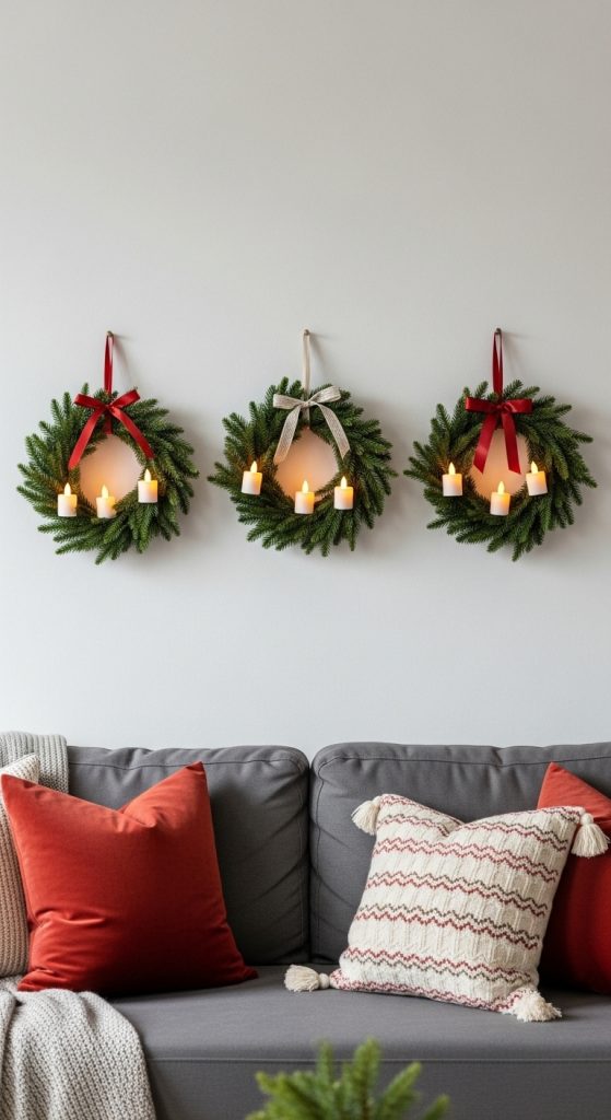 Three wreaths hung on the wall behind the sofa with battery operated tealights