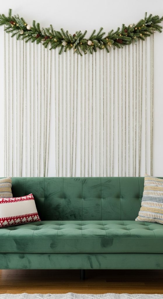 Green sofa with a garland and tinsel curtain hanging on the wall behind the sofa