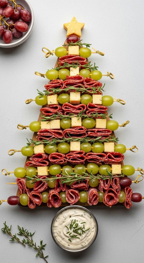 items on. acharcuterie board attached to skewers so they are easy to eat