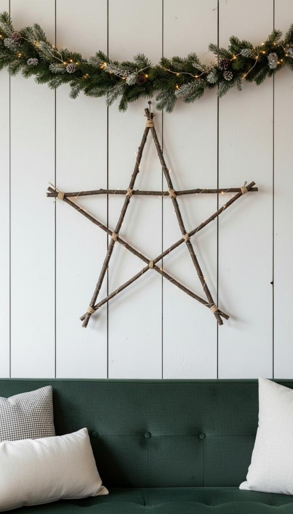 A large star made from twigs hanging on wall above sofa