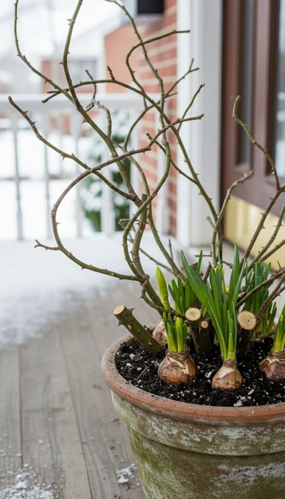 Round planter with spiral twigs and daffodils Winter to Spring Planter