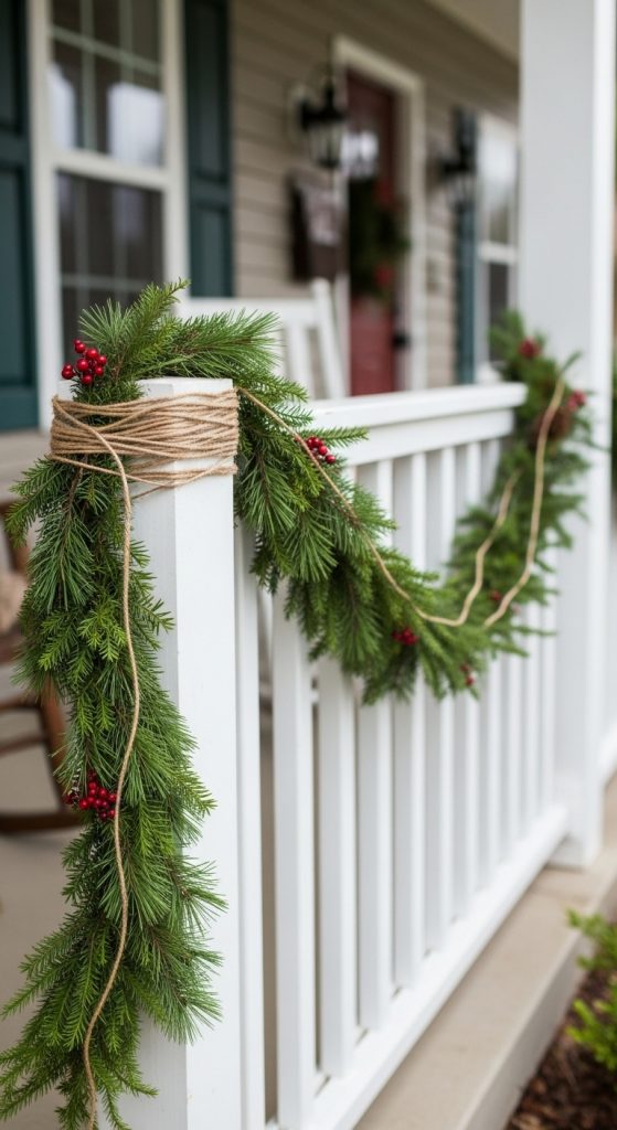 rustic farmhouse garland hung from white porch railings with twine 