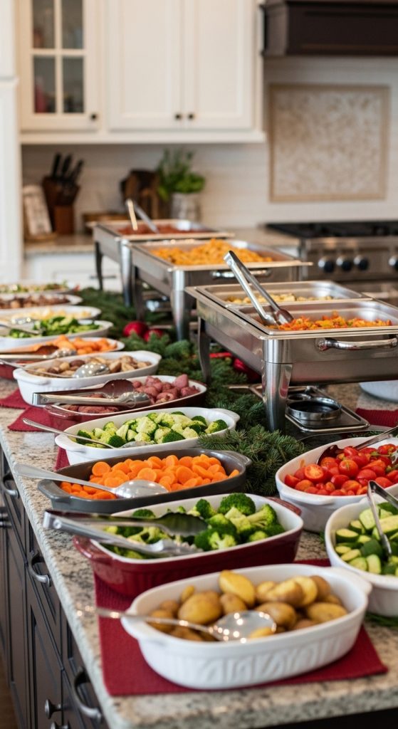 white shallow but large bowls holding different types of vegetables for christmas