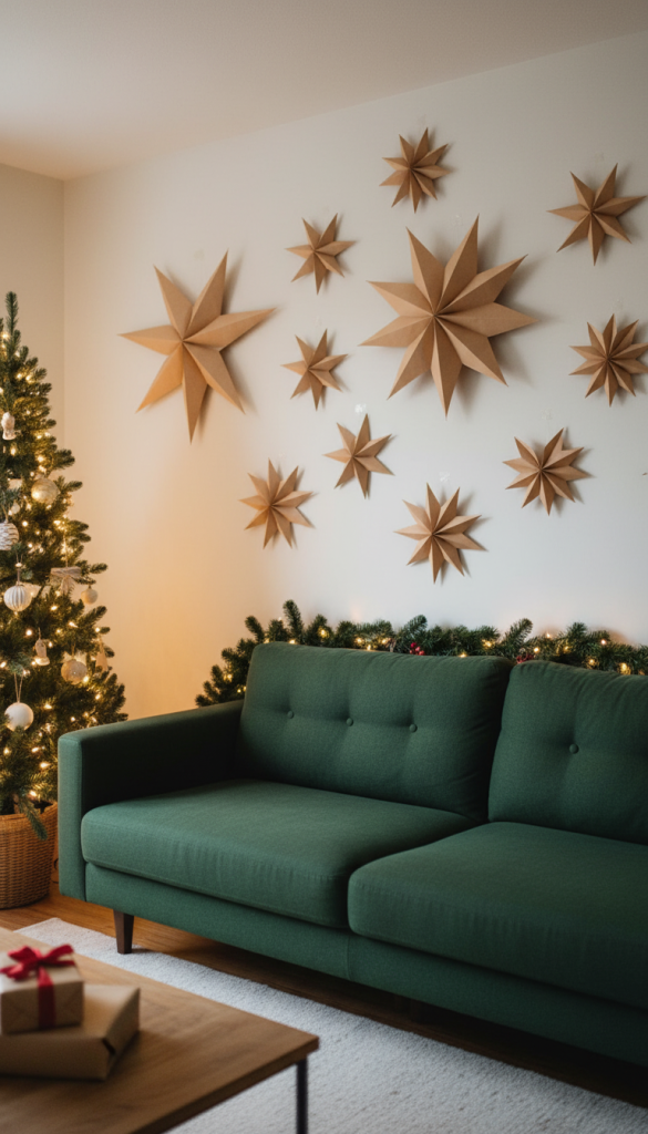 paper stars hanging on the wall above the couch for christmas