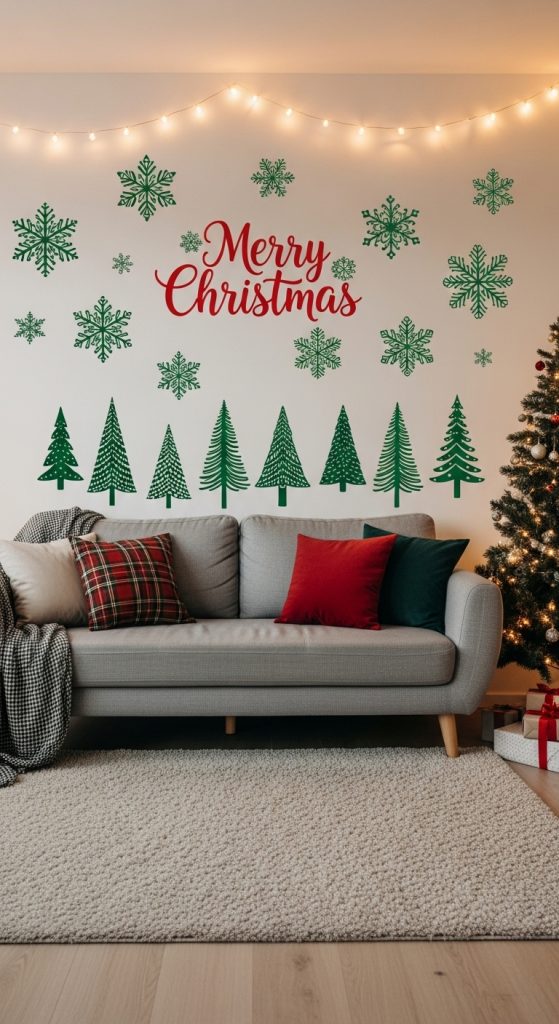 Christmas decals on a white wall in a modern living room above sofa