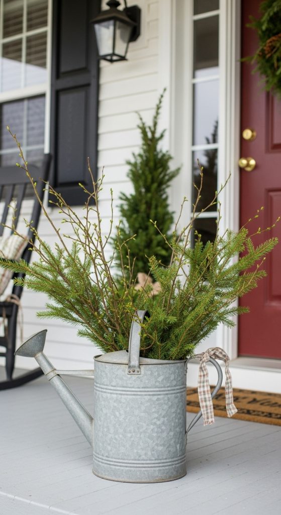 Watercan full of evergreen sprigs with plaid bow for Christmas