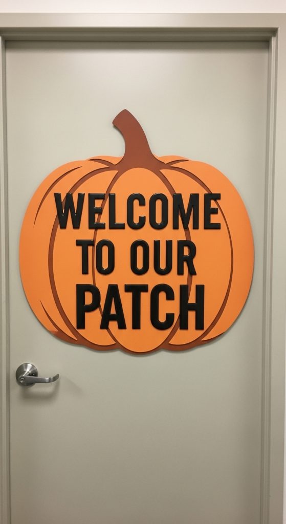 Large foam pumpkin with foam letters that say "Welcome to our patch" Thanksgiving door decor