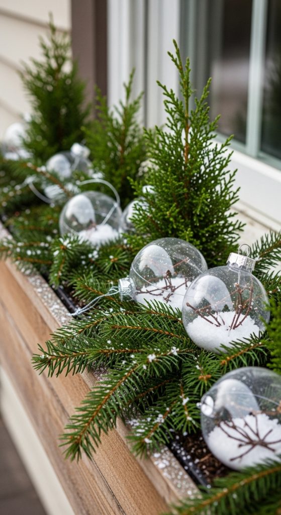 planter box with clear ornaments filled with faux snow
