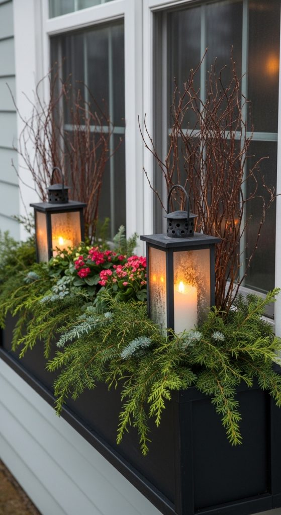 Black lanterns with LED candles in a modern black planter box
