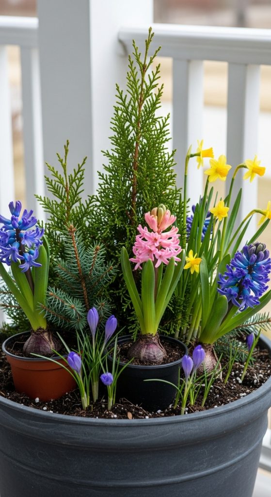 evergreen winter planter with small pots with spring flowers Winter to Spring Planter